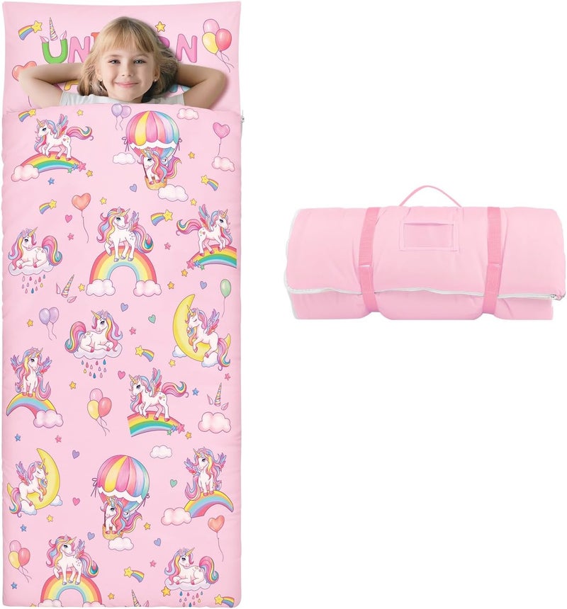 Decalsweet Kids Sleeping Bag Toddler Nap Mat with Removable Pillow, Large Foldable Sleeping Bag for Girls Boys, Easy Clean Slumber Bag with Double Zip for Camping School Preschool Daycare, 59×24 inch - Image 1